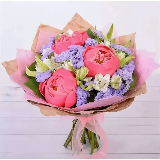 Bouquet of peonies and statice