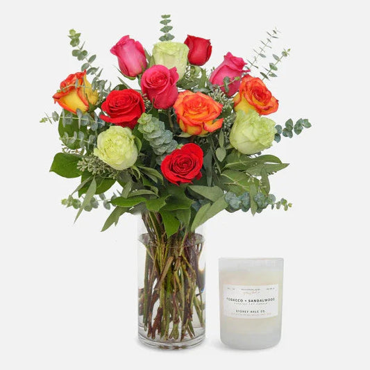 Dozen Multicolor Roses + Sydney Hale Candle